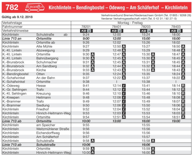 Fahrplan der Linie 782
