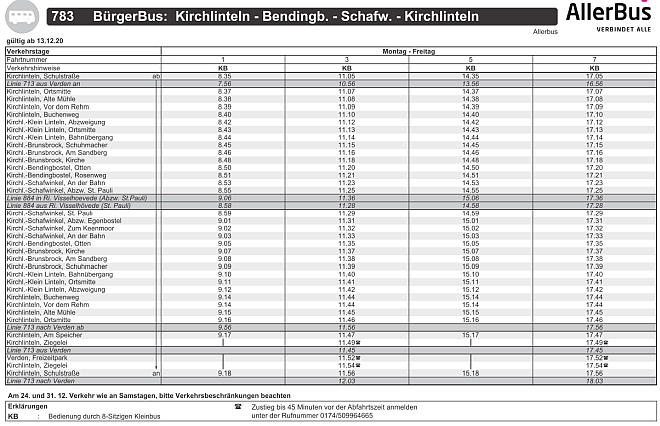 Fahrplan der Linie 783